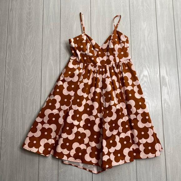 Hutch Anthropologie Women's Brown & Cream Retro Mod Floral Petra Romper Size 6 - Picture 2 of 12